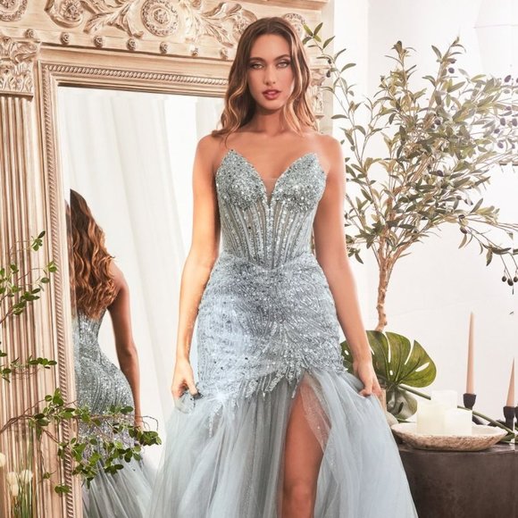 NEW LONG OFF THE SHOULDER SLEEVELESS FORMAL DRESS EMBROIDERED WITH